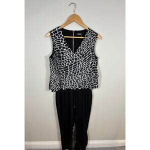 DKNY Black White Animal Print Sleeveless Jumpsuit V-Neck Casual Chic Sz Small